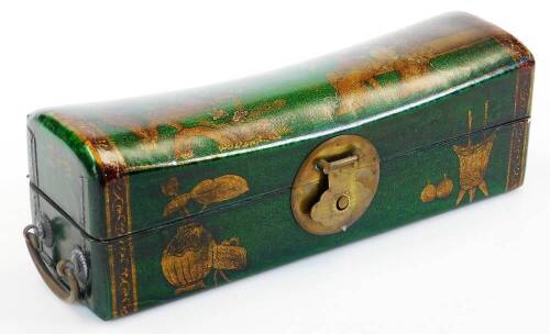 A 20thC green lacquered wood box, shaped as a pillow decorated with various ladies in flowing robes, flowering shrubs, etc., 34cm wide.