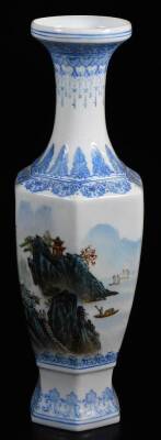 A Chinese Republic style vase, of hexagonal form with trumpet neck, decorated in enamels pavilions in mountainous landscape, within delicate blue enamel borders of stylised acanthus, ryui, droplets, etc., blue enamel four character Qianlong mark, 27cm hig - 2