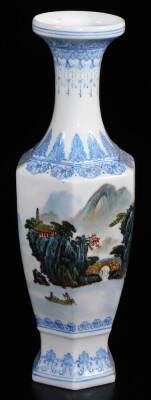 A Chinese Republic style vase, of hexagonal form with trumpet neck, decorated in enamels pavilions in mountainous landscape, within delicate blue enamel borders of stylised acanthus, ryui, droplets, etc., blue enamel four character Qianlong mark, 27cm hig - 3