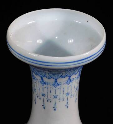 A Chinese Republic style vase, of hexagonal form with trumpet neck, decorated in enamels pavilions in mountainous landscape, within delicate blue enamel borders of stylised acanthus, ryui, droplets, etc., blue enamel four character Qianlong mark, 27cm hig - 4