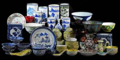 Various 20thC Chinese Oriental and other ceramics, etc., various blue and white brush pots, 12cm high, cloisonne finish dishes, famille jaune rice bowl, servers, flower bricks, etc. (a quantity)