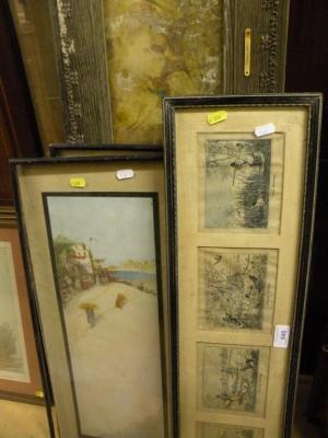 A framed set of four prints - shooting; a pair of coloured prints