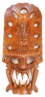 Two various hardwood wall masks, to include one profusely decorated on a black ground, 65cm high. (2) - 2