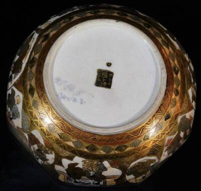 A Japanese Satsuma earthenware hexagonal bowl, decorated in colours and heavy gilt with shaped panels of sages, samurai, women and children within double diaper border, the exterior with similar panels, Meiji period, 18cm wide. - 7