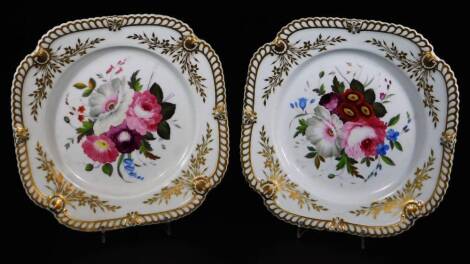 A pair of 18thC Chamberlain Worcester plates, each of shaped square form, with an outer geometric gadrooned gilt lined border, with floral spandrels, the centre handpainted with summer flowers, each marked beneath, 23cm wide. (2)