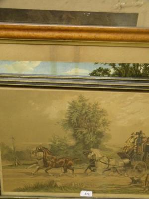 Pair of coloured prints - stage coach; another after Cecil Aldin "Going to the Market"