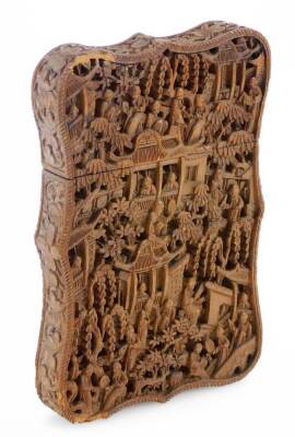 A 19thC Cantonese carved sandalwood card case, profusely decorated with many figures in an interior setting to both sides, 12cm high. - 2