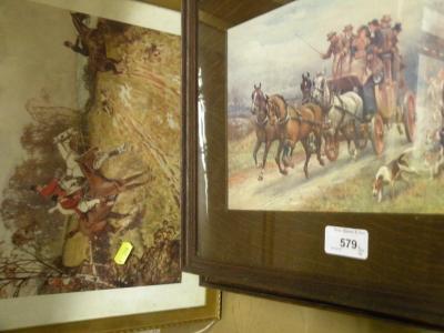 A set of five oak framed coloured hunting prints and three gilt
