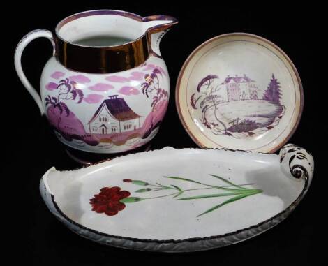 A 19thC Davenport pottery dish, of oval outline with scroll handles, naively hand painted with a flower in green and red with brown highlights, 27cm wide, a 19thC copper lustre jug and a saucer. (a quantity)