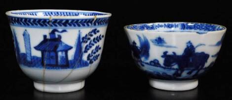 A Chinese porcelain Kangxi tea bowl, of circular form, with an upper floral border, the main body decorated with further trees, bird and buildings, on a circular foot, double line leaf mark beneath, 8cm diameter and a further 18thC Chinese porcelain tea b