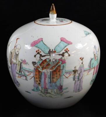 A 20thC Chinese porcelain jar and cover, of bulbous form with shaped lid, polychrome decorated with many figures, predominantly in pink, turquoise and orange, on a circular foot, unmarked, 30cm high.