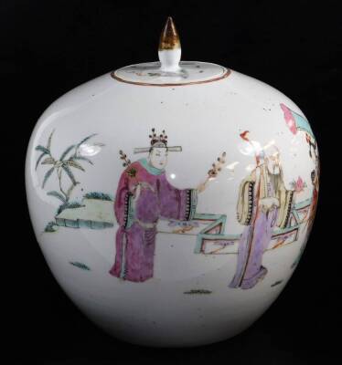 A 20thC Chinese porcelain jar and cover, of bulbous form with shaped lid, polychrome decorated with many figures, predominantly in pink, turquoise and orange, on a circular foot, unmarked, 30cm high. - 4