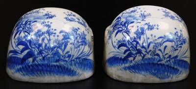 A very rare pair of Japanese Seto porcelain shoes, decorated in underglaze blue with poppies, Meiji period, 11.3cm high, 16.6cm wide, 27.8cm long. - 2