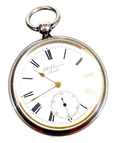 A Victorian silver open faced pocket watch, by JW Benson London, the 4cm diameter Roman numeric dial with an Arabic subsidiary second hand with a plain vacant cartouche and hook top, London 1887, 7cm high, 4.2oz all in.