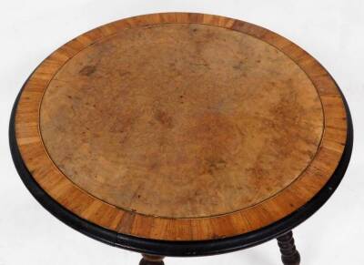 A Victorian occasional table, with circular burr walnut top, with radial crossbanding, ebonised moulded edge and three bobbin turned legs, 55cm diameter. - 2