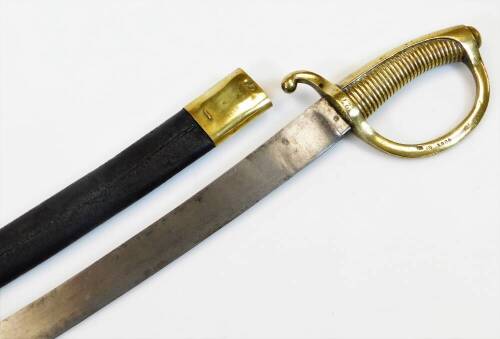 A sword, with curved plain blade, leather scabbard with brass mounts and shaped handle marked 1804 the scabbard marked 27, 73cm long.