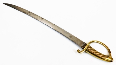 A sword, with curved plain blade, leather scabbard with brass mounts and shaped handle marked 1804 the scabbard marked 27, 73cm long. - 3