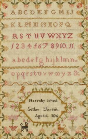 A George IV pictorial alphabetic and numeric sampler, by Ester Foottit aged 11, Navenby School, dated 1826, in colours, 31cm x 20cm.
