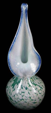 A 20thC studio Our Glass Nailsea style Jack in the pulpit vase, in green and white speckled pattern, signed, 29cm high.