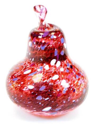 A Nailsea style Our Glass pear, in red cream and purple colour way, signed, 9cm high.