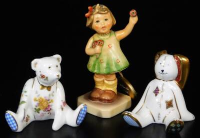 A Royal Crown Derby Boy Posie Mini Bear figure, 10cm high. (boxed), a Hummel Club figure, and a Royal Crown Derby Treasure Of Childhood Floppy Bunny figure. (3)