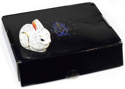 A Royal Crown Derby Collectors Guild paperweight bunny ornament, gilt stopper, 7cm high. (boxed) - 4