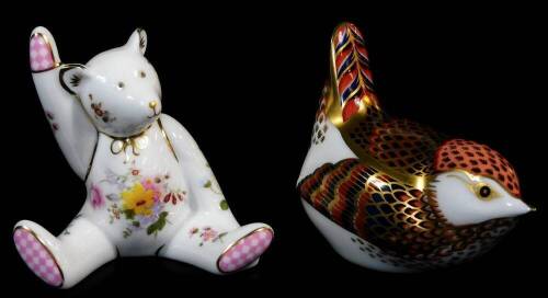 A Royal Crown Derby paperweight bird ornament, silver stopper, 7cm wide, and a Girl Posie Mini Bear. (2,both boxed)