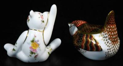 A Royal Crown Derby paperweight bird ornament, silver stopper, 7cm wide, and a Girl Posie Mini Bear. (2,both boxed) - 2