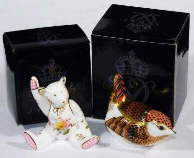 A Royal Crown Derby paperweight bird ornament, silver stopper, 7cm wide, and a Girl Posie Mini Bear. (2,both boxed) - 4