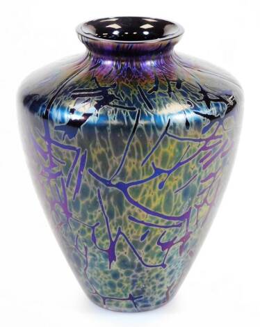 A Brierley Midnight Black shouldered vase, decorated in opalescent pattern, labelled beneath, 14cm high.
