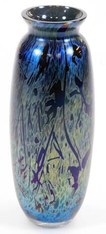 A Brierley Midnight Black shouldered circular vase, decorated in opalescent pattern, labelled beneath, 19cm high.