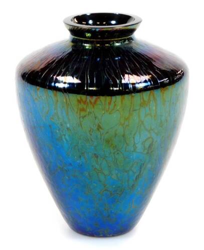 A Brierley Midnight Black shouldered vase, decorated in an opalescent pattern, labelled beneath, 10cm high.