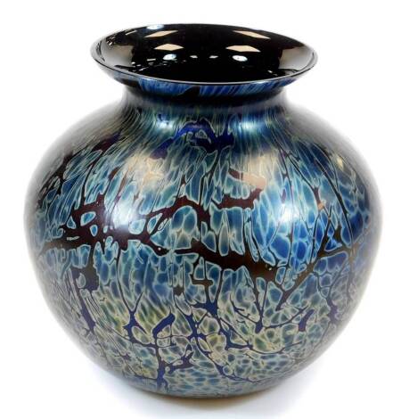 A Brierley Midnight Black orb baluster vase, decorated in an opalescent floral pattern, labelled beneath, 18cm high.
