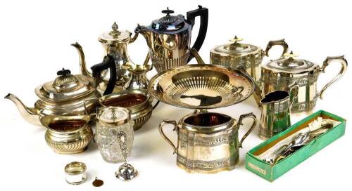 Various silver plated ware, gadrooned three piece tea service, to include tea pot, 16cm high, two handled sugar bowl, footed dish, silver handled hand bell, napkin ring, other tea ware, flatware, etc. (quantity)