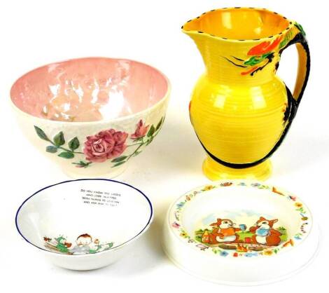 A Shelley pottery child's elf Mable Lucie Attwell bowl, polychrome decorated, 15cm wide, a Burleigh ware dragons handle jug, or ribbed form on yellow ground, a further child's dish and a Maling bowl. (a quantity)