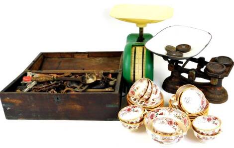 A 19thC mahogany campaign writing box, of rectangular form with flush handles and part fitted interior, 49cm wide, a 19thC transfer printed tea service and two sets of table scales. (a quantity)