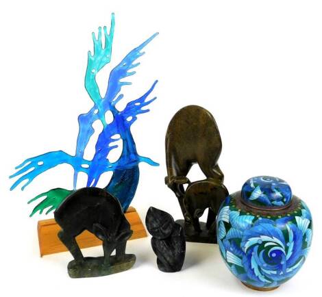 A Paul Chivese carved figure of doe, 19cm high, a similar polished stone figure group, and a further deer group, a modern cloisonne jar and cover and glass sculpture. (a quantity)