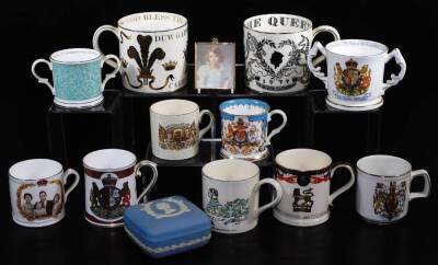 Various Royal Commemorative mugs, to include Wedgwood Richard Guyatt Prince Charles Prince of Wales Investiture, 10cm high, Wedgwood Queen Elizabeth Silver Jubilee, The Observer Midland Bank Guyatt Wedgwood mug, Spode limited edition Queen Elizabeth The Q