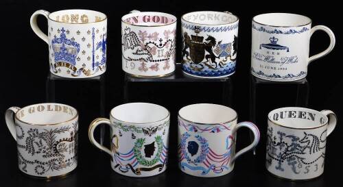 Various Royal Commemorative mugs, etc., Wedgwood, Richard Guyatt, Princess Anne and Captain Mark Phillips mug, 10cm high, various others, Queen Elizabeth coronation Wedgwood 1953 by Guyatt, Prince Andrew and Sarah Ferguson, Queen Elizabeth 1953 coronation