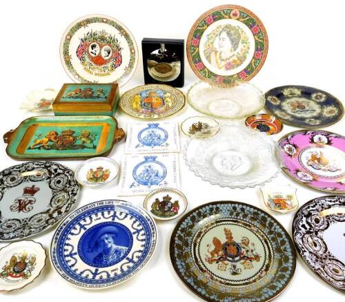 Various Royal Commemorative plates, to include Paragon George VI and Queen Elizabeth Westminster Abbey 1937 marriage plate, 22cm wide, crested china Foley china coronation dish, various saucers, printed box and similar tray, studded glass George VI dish,