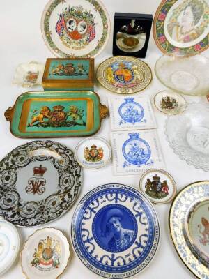 Various Royal Commemorative plates, to include Paragon George VI and Queen Elizabeth Westminster Abbey 1937 marriage plate, 22cm wide, crested china Foley china coronation dish, various saucers, printed box and similar tray, studded glass George VI dish, - 2