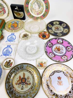 Various Royal Commemorative plates, to include Paragon George VI and Queen Elizabeth Westminster Abbey 1937 marriage plate, 22cm wide, crested china Foley china coronation dish, various saucers, printed box and similar tray, studded glass George VI dish, - 3