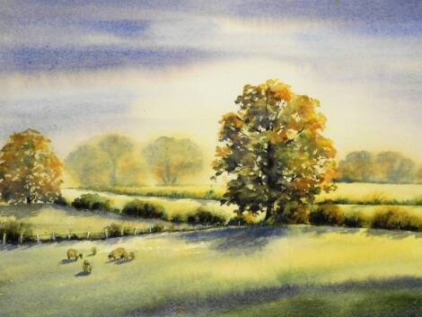 Barbara Fraser (20thC). Sheep in a landscape with tree and clouds gathering, watercolour, signed, 25cm x 36cm.