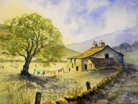 Barbara Fraser (20thC). Cottage before trees and sheep on a summers day, watercolour, signed, 23cm x 26cm.