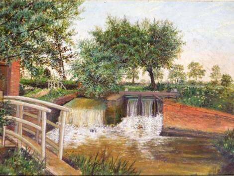 19thC English School. Bridge and stream before trees, oil on board, unsigned, 28cm x 46cm.