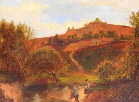 19thC Continental School. Fisherman on riverbank before trees and hills, unsigned, oil on canvas, 34cm x 52cm.