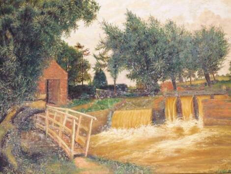 19thC English School. Bridge and stream before trees and building, oil on canvas, unsigned, 49cm x 74cm.