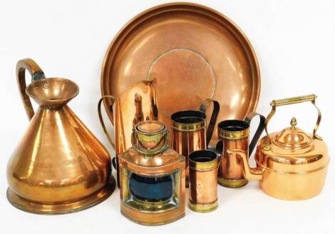 Various copper, a quarter starboard lamp with glass centre and brass fittings, 23cm high, a harvest jug, copper kettle, large bowl, measuring jugs with brass banding, etc. (a quantity)