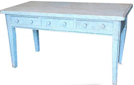 A 19thC painted pine kitchen table, of rectangular form, with three frieze drawers each with knob handles, on square tapering legs, later painted blue, 84cm high, 153cm wide, 74cm deep.