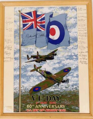 A D Day 8th May 1945 60th anniversary material wall hanging, set with many signatures to the mount including various squadrons, Tom Neal, Don Exley, etc., the main section marked Richard Todd, 70cm x 54cm.